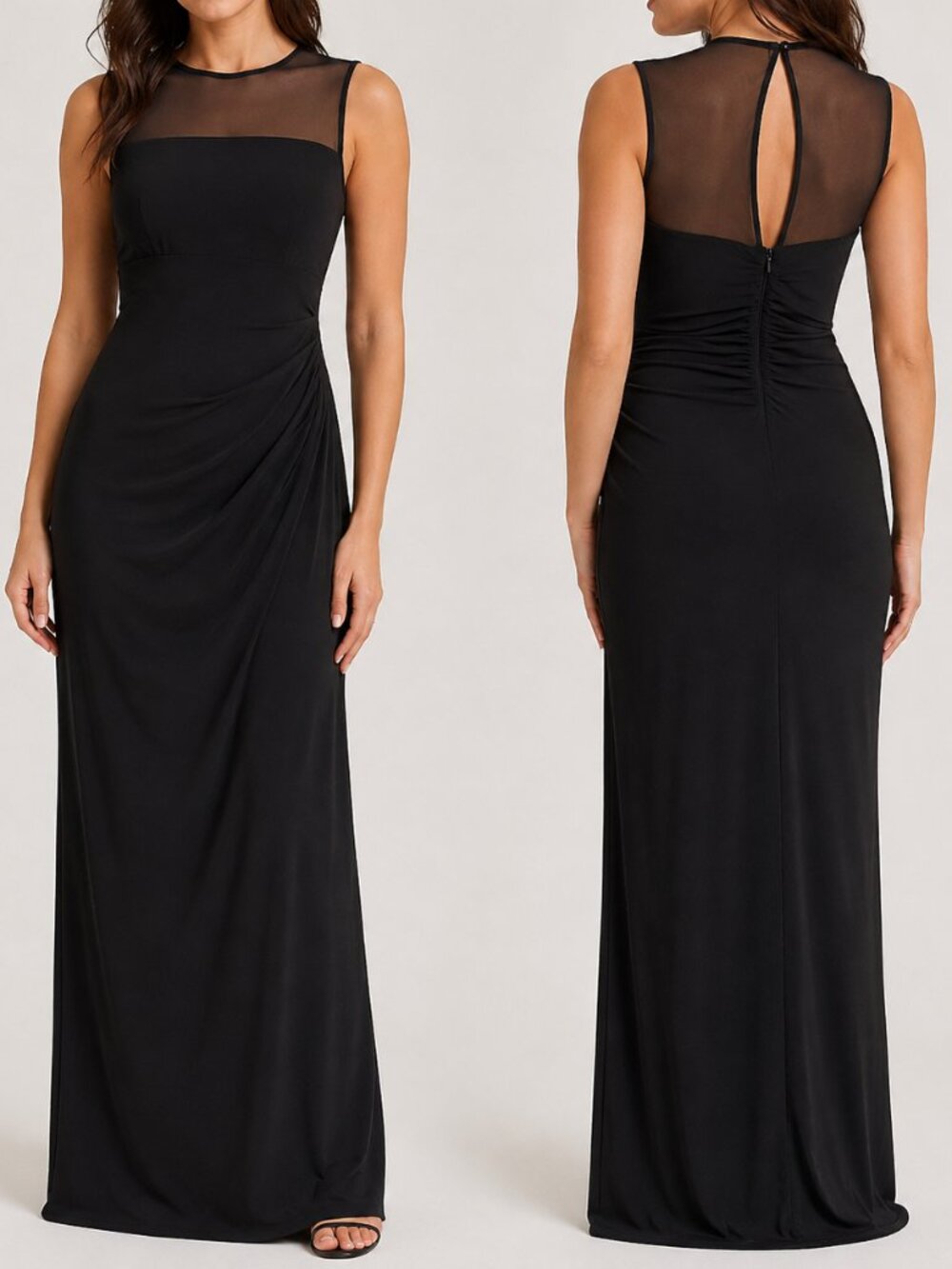 Scarlett Black Formal Gown Size 12 Large Illusion Mesh Ruched Maxi Dress